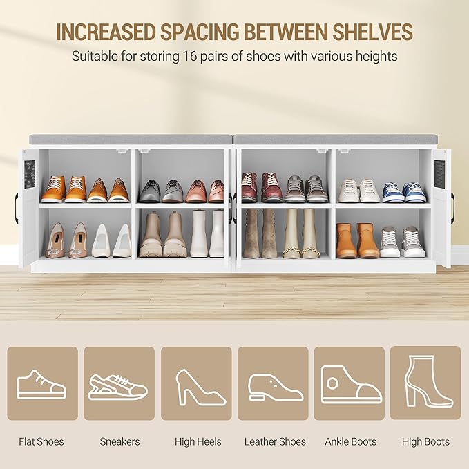Hzuaneri 2 Tier Shoe Storage Bench with Doors, 59" Farmhouse Shoe Bench with Padded Cushion, 12-16 Pairs of Bed End Bench, Entryway Bench with Storage for Bedroom, Living Room, White SB61503X