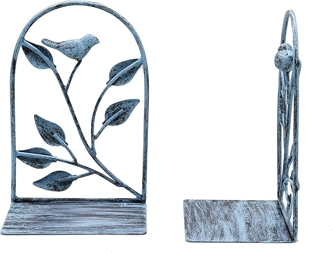 OwlGift Book Ends Cast Iron Bird Design Rustic Bookends for Shelves, Non-Skid Bookend, Heavy Duty Metal Book Stopper for Books/CDs, Decorative Book Shelf for Home - Turquoise