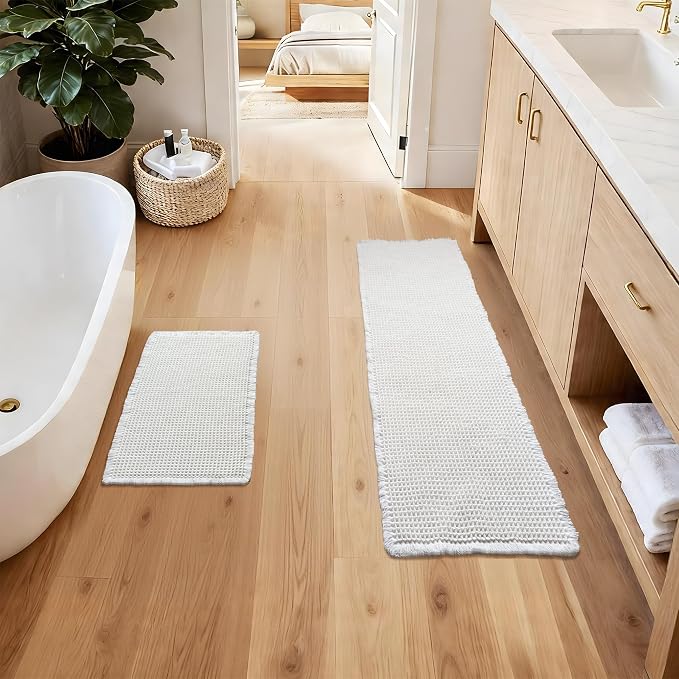Large Bathroom Rugs Sets 2 Piece - Waffle Bath Mat Non Slip, Extra Absorbent Washable Bathroom Mats for Tub and Shower, Quick Dry Spa Decor, 20x32 & 20x48, White