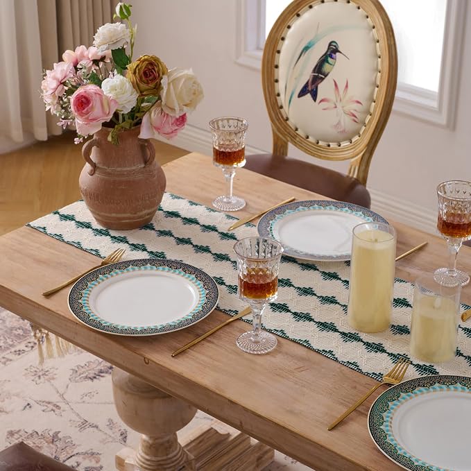 Fancy Homi Hunter Green Boho Cotton Polyester Table Runner 90 Inches Long, Farmhouse Macrame Table Runners with Tassels for Home Party Bohemian Rustic Bridal Shower Kitchen Dining Decor 12x90 Inches