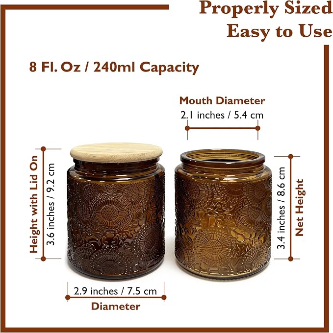 8oz Decorative Glass Jars with Airtight Bamboo Lids (Dark Amber - 6pc), Vintage Food Storage Containers, Home Décor Candle Making Parties Wedding Baby Shower Favors Gift