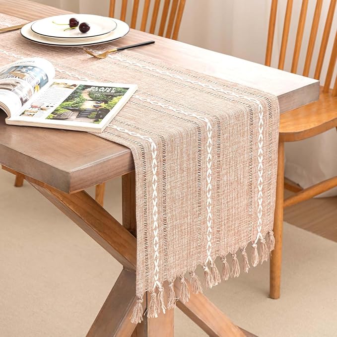 Table Runner, Rustic Farmhouse Linen Waterproof Table Runners for Holiday Party, Dresser Decor and Dining Room Decorations-Light Coffee-14 x108, 8-10 Seats