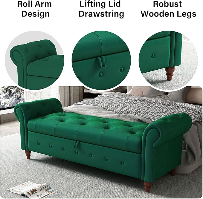 ODUWA 63 Inch Upholstered Tufted End of Bed Storage Bench with Arms,Larger Storage Space, End of Bed Bench for Bedroom Living Room Entryway (Green-Velet)