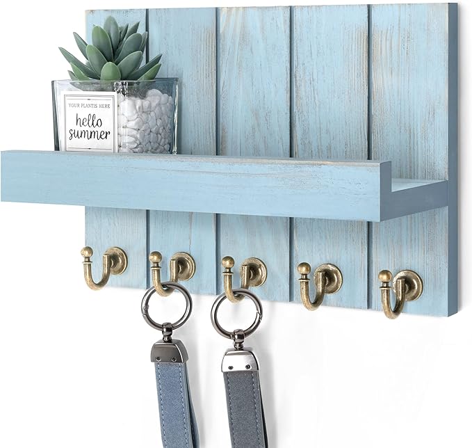 Rebee Vision Decorative Key Holder for Wall - Farmhouse Mail Organizer and Key Hanger Wall Mount for Floating Shelf with Hooks - Mid Century Home Decor Aesthetic (Distressed Blue,10-inch)