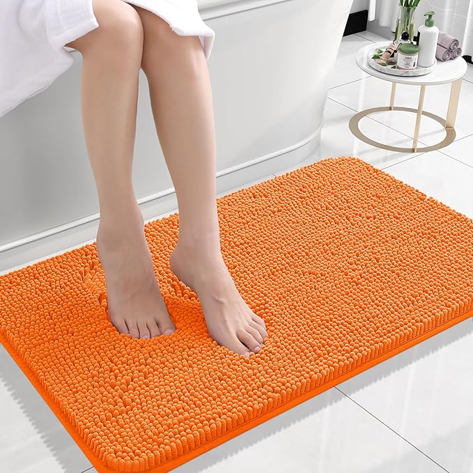 OLANLY Small Bathroom Rugs 24x16, Extra Soft Absorbent Chenille Bath Rugs, Rubber Backing Quick Dry, Machine Washable Bath Mats for Bathroom Floor, Tub and Shower, Home Decor Accessories, Orange