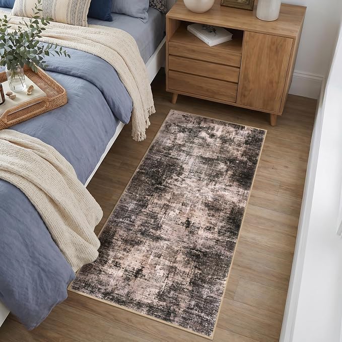 IOHOUZE Abstract Runner Rug 2x4 Ft Entryway Rugs Washable Door Mat Indoor Entrance, Rubber Backed Entryway Runners, Printed Faux Wool Non Slip Floor Carpet for Foyer Front Door Sink, Brown/Rust