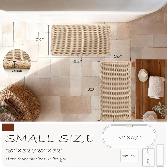 DWCN Waffle Bathroom Mat Set, Super Absorbent Non Slip Bath Rugs Set for Bathroom Floor, Shower Mats 2 Piece for Tub, Washable Kitchen Rugs for Farmhouse Boho Home Decor, 20 x 32 Inch, Brown