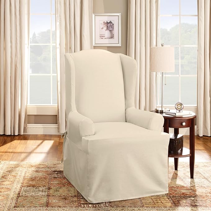 Sure Fit Home Décor Cotton Duck Solid T-Cushion Wing Chair One Piece Slipcover, Relaxed Woven Fit, 100% Cotton, Machine Washable, Natural Color