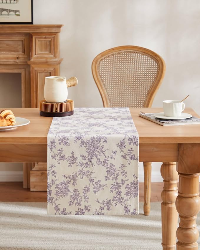 100% Cotton French Pastoral Table Runners, 13x60 Inch Purple Farmhouse Table Runners 60 Inches Long, Vintage Flowers Print Home Decors