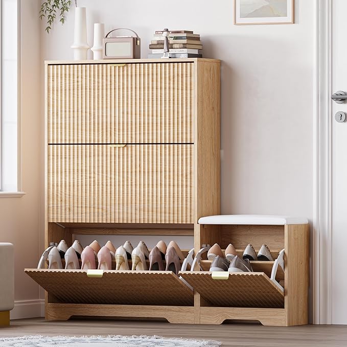 BORNOON Slim Shoe Cabinet with Bench for Entryway, Hidden Storage and Adjustable Shelves, Free Standing Wooden Shoes Organizer for Hallway, Foyer