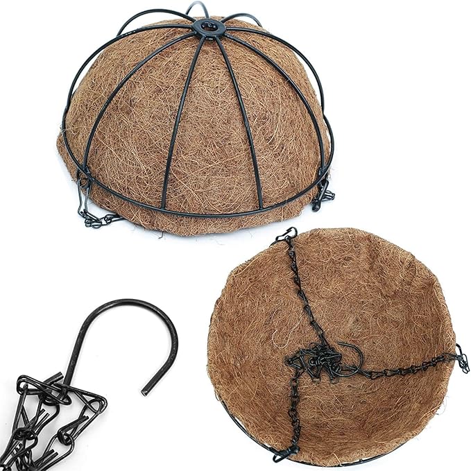 EIMQUVW 4 Pack Hanging Planter Basket with Coco Coin Liner 8 inch Hanging Flower Pots Outdoor Decorative Round Wire Plant Holder with Chain Metal Hanging Baskets for Plants Outdoor