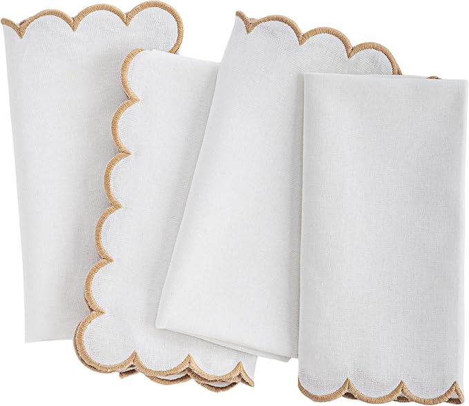 Beige and White Napkins with Gold Trim Set of 4, Premium Quality, 100% Cotton, Embroidered, Scalloped Napkin, Wedding Reception, Party, Beige Linen Napkins, White and Gold 18x18