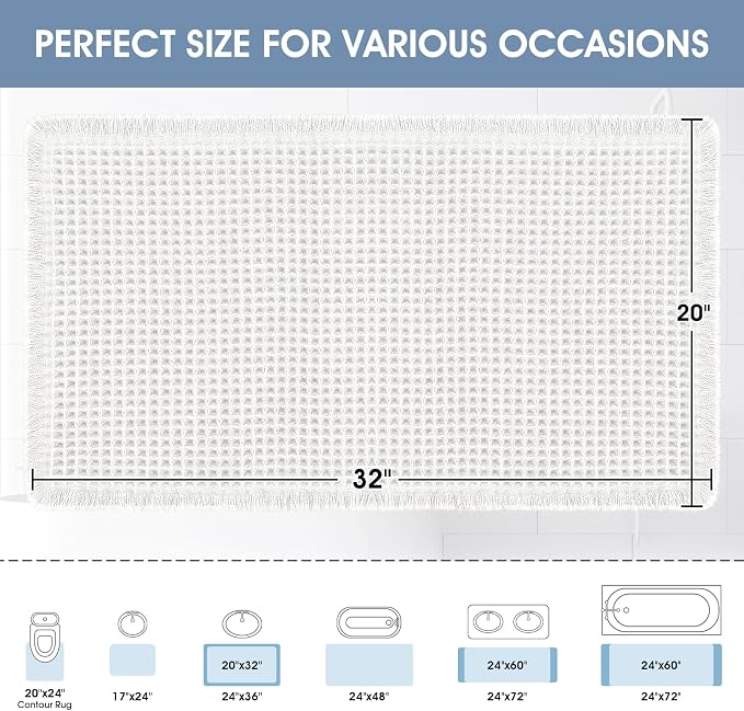 ACCUMTEK Upgraded Waffle Bath Mat, 32"x20" White, Super Absorbent Non-Slip Quick Dry Bathroom Rugs with Tassels, Machine Washable Ultra Soft Boho Bath Rugs for Floor, Toilet Mats Boho Farmhouse Decor