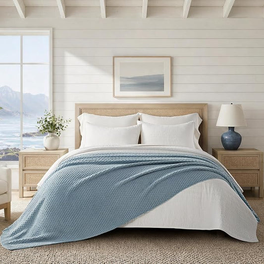 EVERGRACEHOME Chunky Chenille Knit Throw Blanket for Couch, Soft Luxurious Oversized Queen Moss Stitch Blanket for Bed, Cozy Farmhouse Knitted Throw for Sofa, Chambray Blue, 90" x 90"
