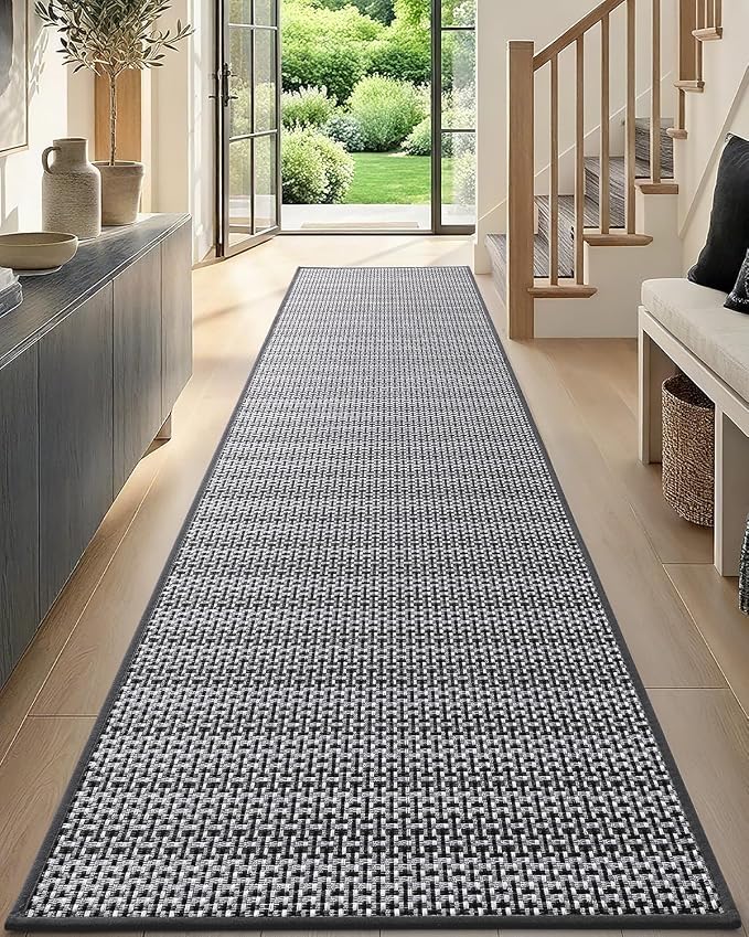 DEXI Hallway Runner Rug 2'4"x8', Non Slip Rubber Backed Runners Carpet, Ultra Thin Entryway Rugs Indoor for Kitchen Hallway Entrance Bedroom, Grey and White