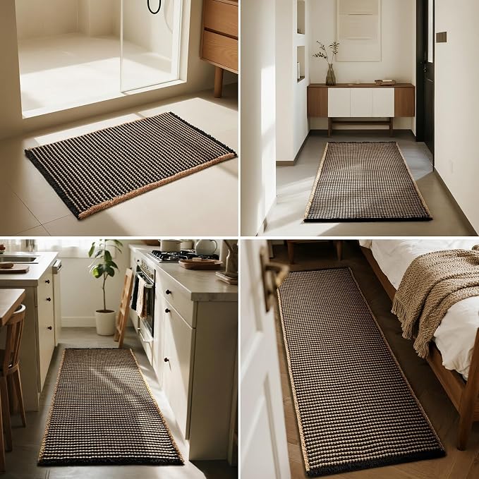 Triohero Waffle Bath Mat, Boho Bathroom Rugs Non Slip Washable, Ultra Soft Super Absorbent Quick Dry Farmhouse Bathroom Decor, 20" x 30", Black & Khaki