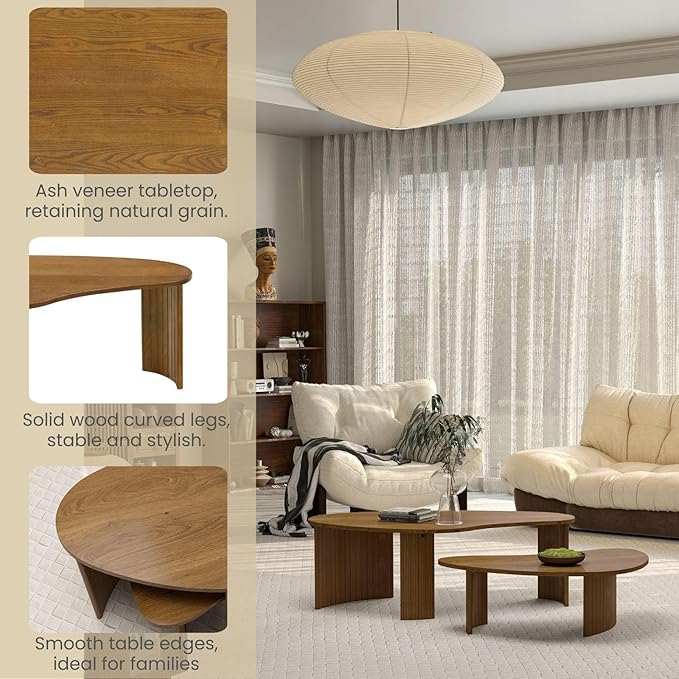 Mid Century Modern Nesting Coffee Table Set of 2, Walnut Wood Grain Veneer with Fluted Legs, Farmhouse & Contemporary End Tables for Living Room