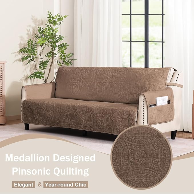 Soft Quilted Couch Cover with Pockets for Extra-Large Sofa, Anti-Slip Sofa Covers Washable for 3 Cushion Pet Friendly, Oversized Sofa Cover Water-Repellent (X-Large Sofa 78", Raw Umber)