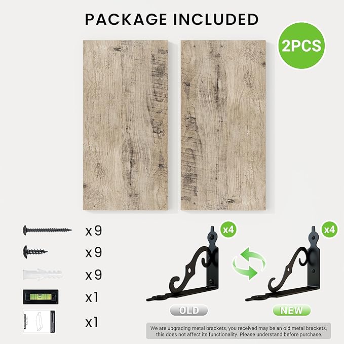 RICHFOCUS Floating Shelves for Wall Decor, 8 Inch Deep Shelves Set of 2, 16W x 8D Floating Shelves Wall Mounted with Metal Brackets, Rustic Wood Shelves for Living Room Bedroom Kitchen, Grey