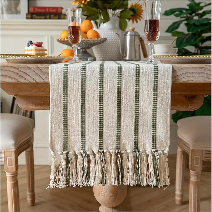 Caflife Boho Table Runner 60 Inchs Long Green and Beige, Cotton and Linen Woven with Tassels, for Modern Rustic Farmhouse Neutral Table Runners, Bohemian Kitchen Dining Table Home Decor