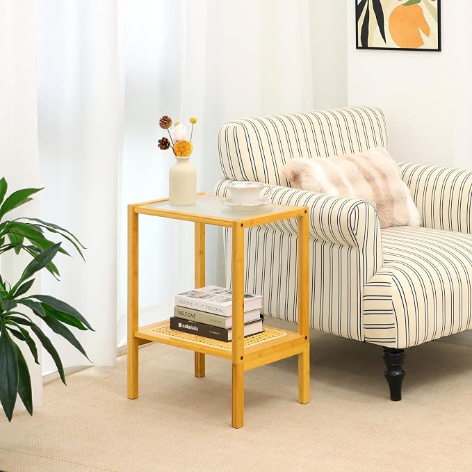 2-Tier Bamboo Side Table, Modern Glasstop Rattan Side Table, Mid Century Wood Sofa-Side End Tables for Living Room, Bedroom Night Stand with Storage, Small Narrow Coffee Tables, Burlywood