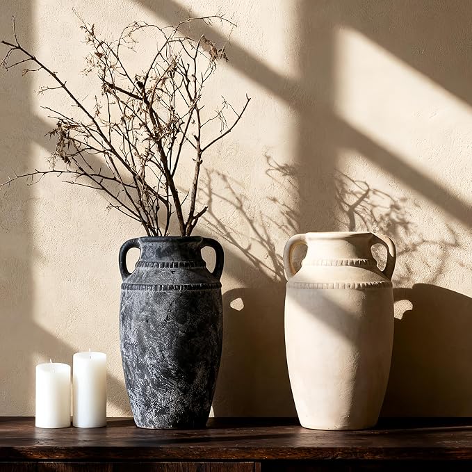 Lvases Beige Ceramic Vase with Handles, 10.5 Inch Boho Modern Aesthetic Textured Table Vases for Anthropologie Home Decor Centerpieces (Cream Beige White)