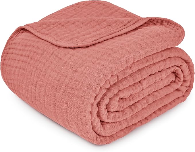 Comfy Cubs Muslin Throw Blanket - 50” x 60” Quilted Design - Lightweight, Breathable 6-Layer Gauze Fabric - Soft Cotton Blanket for Home or Travel - Packaged in Elegant Gift Box - Dusty Rose
