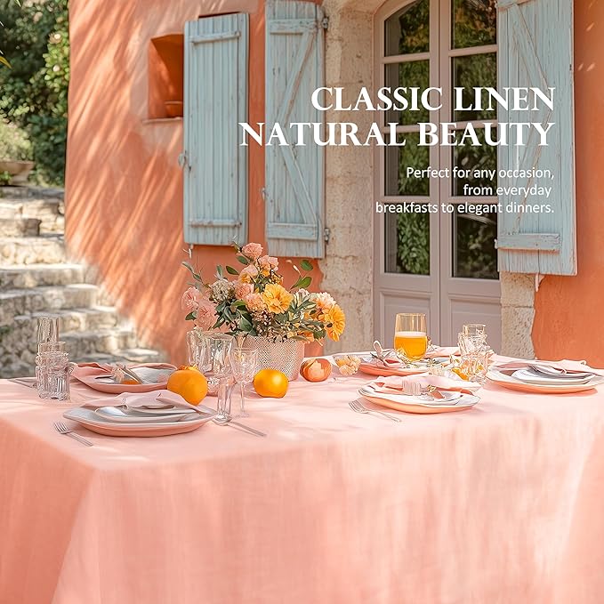 Linen World Linen Tablecloth,100% French Natural Flax Tablecloth 132" x 90" Inch,Washable Rectangular Table Cloth for Dining,Outdoor,Weddings and Restaurants,Decorative Christmas,Peach Pink