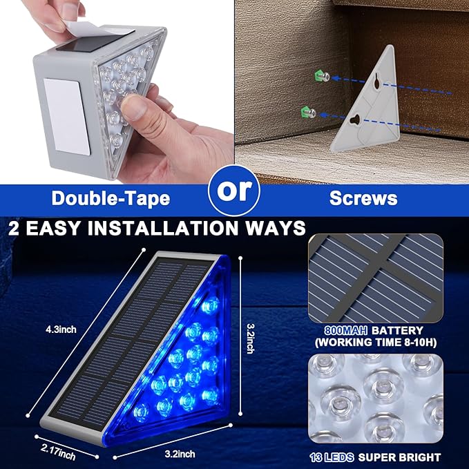 AUDLES 12 Pack Solar Stair Lights, Outdoor Step Lights with Waterproof IP67, Blue Color LED Solar Light for Outside Light Decor for Stair, Deck, Front Step, Front Porch, Patio and Backyard
