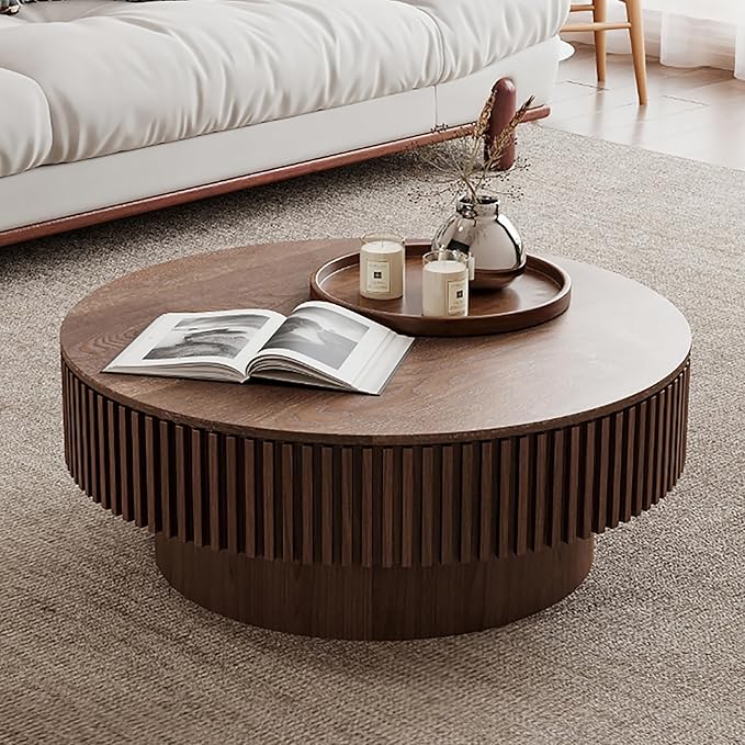 φ31.5 Round Coffee Table with Storage, Wood Veneered Pedestal End Table for Living Room, Modern Contemporary Circle Fluted Drum Side Table for Small Space - ø31.5" x 14"H Walnut