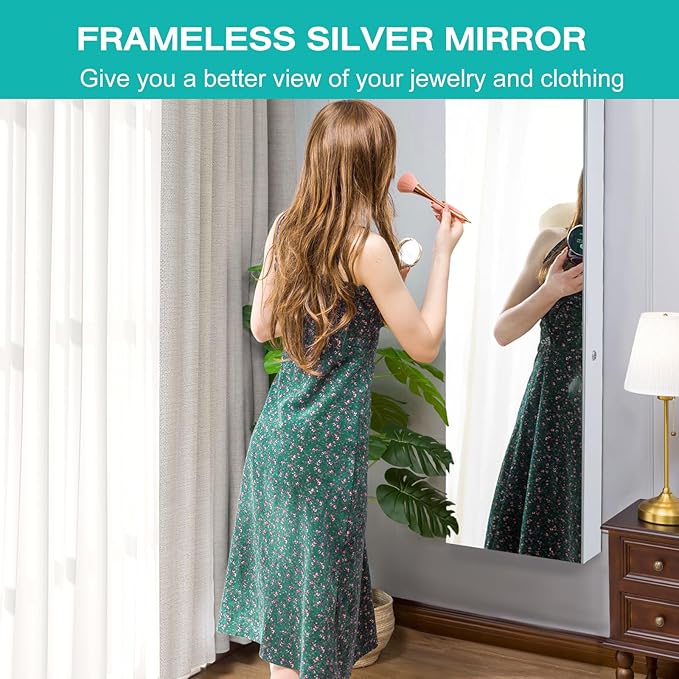 Multigot 2-In-1 Jewelry Cabinet, Wall-mounted/Door Hanging Makeup Storage Armoire with Full Length Mirror & LED Lights, Lockable Mirrored Jewelry Organizer for Bedroom Dressing Room (White)