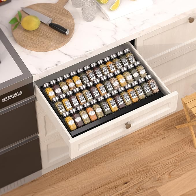 Expandable Metal Spice Drawer Organizer,3-Tier Slanted Seasoning Jars Tray for Kitchen Cabinet Drawers Insert/Countertop (Jars not included)-3Tier,2packs/Black