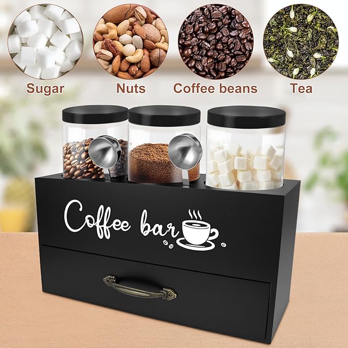 MACIFECI 54 oz Coffee Canister Set with Shelf, Coffee and Sugar Container Set of 3 Canisters Sets for Kitchen Counter, Plastic Coffee Bean Storage Container with Scoop (Black - Drawer)