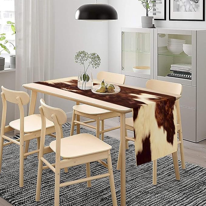 Cow Skin Print Table Runner, Rustic Farmhouse Cottage Animal Fur Skin Western Style Brown Wild 3D Cowhide Print Dinner Runner Table Decoration for Home Kitchen Dining 13x90 Inch