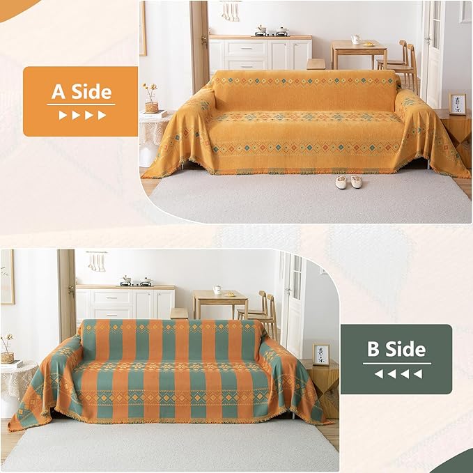 DREAMINGO Orange Boho Sofa Cover Chenille Couch Cover Blanket Vintage Bohemian Sofa Covers for 2 Cushion Couch Geometric Jacquard Sectional Couch Covers for Dogs Washable Loveseat Slipcover 71"x118"
