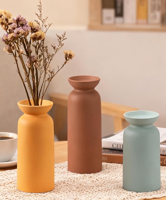 Modern Ceramic Vase for Home Decor Farmhouse Vases Set of 3 Terracotta Decorative Pottery Boho Grass Living Room Kitchen Bedroom