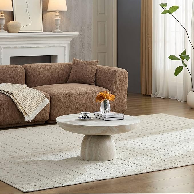31.5" Round Coffee Table with Round Pedestal, Fiberglass Faux Marble Tabletop for Living Room, Modern Circle Center Table Tea Table for Apartment, Office, Beige Mars Pattern