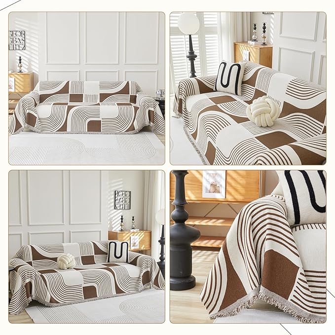 WEYOND Boho Couch Cover Sofa Covers Washable, Chenille Couch Covers for 3 Cushion Couch Sofa Pet Friendly, Bohemian Sofa Slipcovers for Sectional Sofa, Loveseat, 2 3 4 Seater (71" x 102", Coffee)