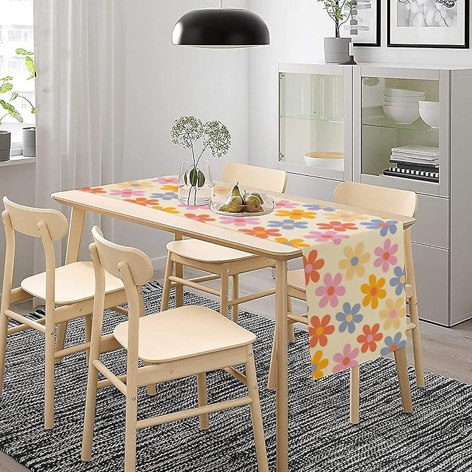 Retro Florals Table Runner Vintage Gardern Flower Hippie Groovy Seasonal Spring Farmhouse Country Dinner Runner for Home Kitchen Dining Table Party Holiday Decor 13"x90"