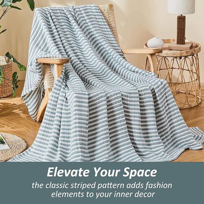 EMME Cotton Muslin Twin Blanket Breathable Gauze Soft Lightweight Adults Gifts for Women (Striped Teal, 60"x80")