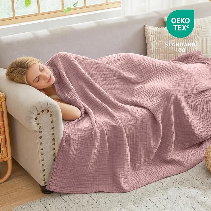 EMME Cotton Muslin King Blanket Big Oversized Bed Layering Bedspread Coverlet Breathable Gauze Soft Lightweight Blankets (Dusty Pink, 120"x94")