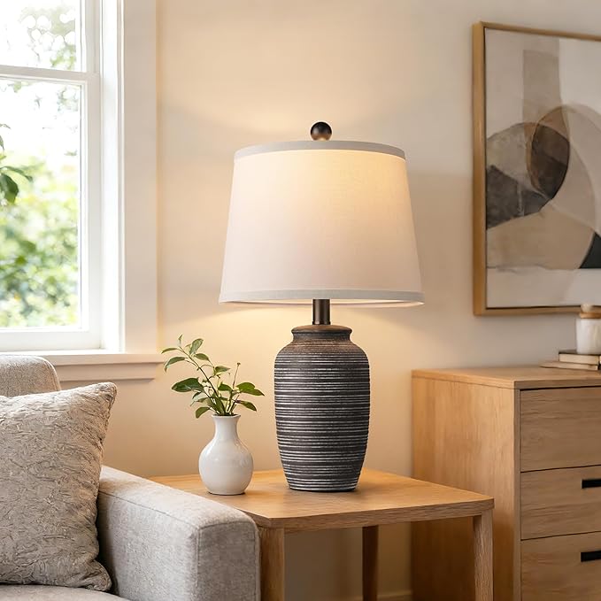 QiMH Farmhouse Lamps for Living Room, 21" Bedside Lamps Set of 2 with Linen Lampshade, Rustic Ceramic Table Lamp for Bedroom, End Table, Nightstand, Dining, Office, Home Decor, Black(Bulb Included)
