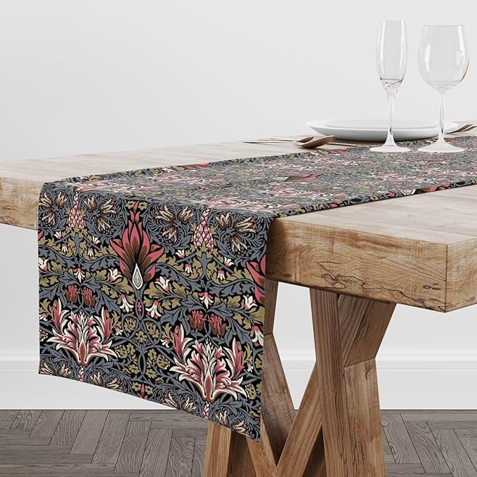 William Morris Vintage Flower Table Runner, Beautiful Vintage Boho Floral Tree Plant Birds Pattern Dinner Runner for Home Kitchen Dining Table Decoration 13x60 Inch