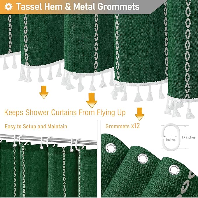 BTTN 78 Inch Long Shower Curtain - Boho Farmhouse Linen Thick Striped Fabric Shower Curtain Set with Plastic Hook, Tall Rustic Country Luxury Cloth Shower Curtains for Bathroom - Emerald Green - 72x78
