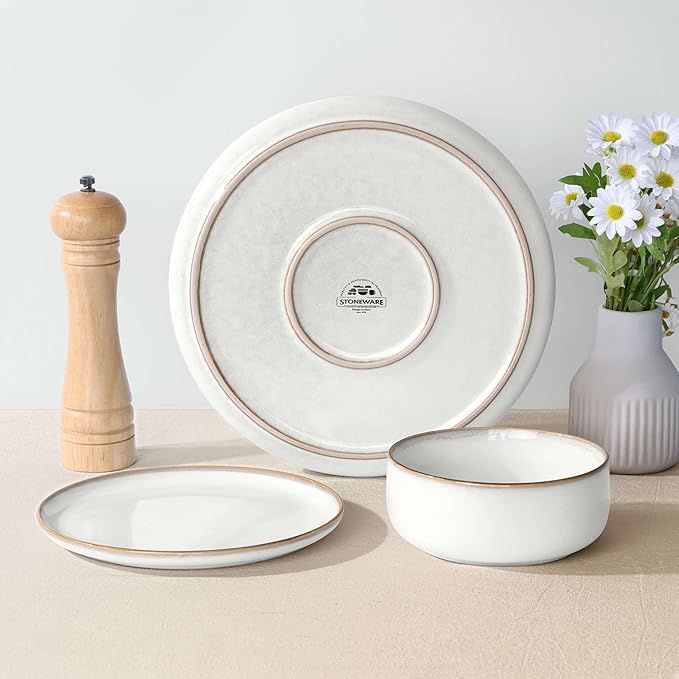 Herogo 18-Piece Stoneware Dinnerware Set for 6, Handmade Plates & Bowls with Double Reactive Glaze, Microwave and Dishwasher Safe, Scratch Resistant, Ivory White