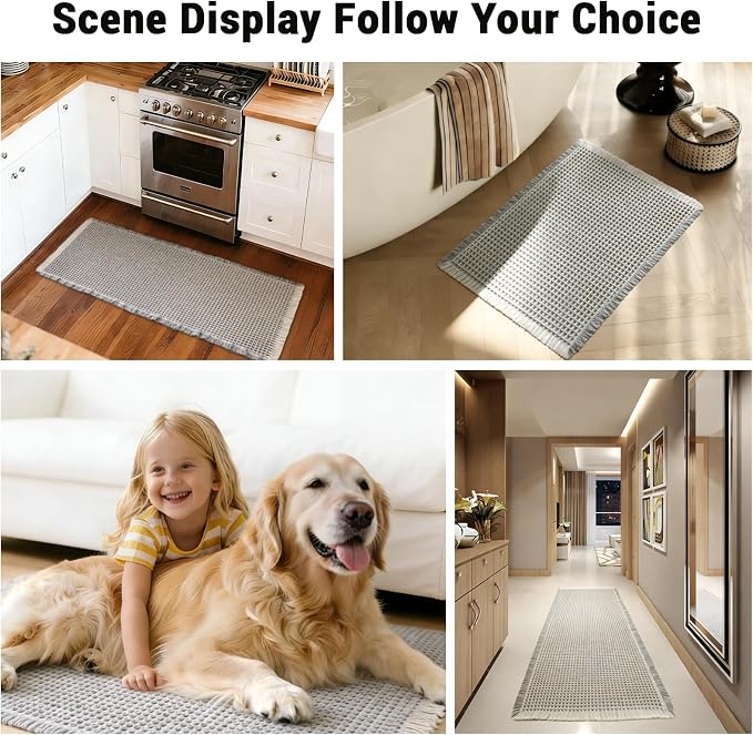 Waffle Bath Mat Set of 2, Non Slip Waffle Rugs for Bathroom, Super Absorbent & Quick Dry Soft Shower Mat for Bathroom & Kitchen Floor, Machine Washable Bath Rugs (Grey & White)