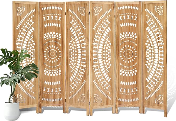 6 Panel Wood Room Divider Fully Assembled, Decorative Room Dividers and Folding Screens, 5.6Ft Room Divider Screen Freestanding Partition Wall Dividers for Home Bedroom Office, Light Brown