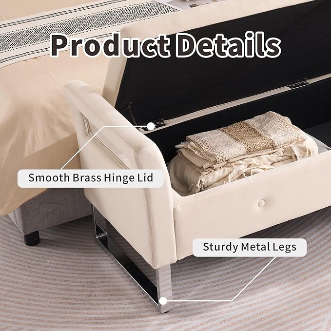 Chifee & Vingol Storage Bench with Armrests, 67.91 Inch Velvet End of Bed Bench Upholstered Storage Ottoman for Bedroom, Livingroom, Entryway - Beige