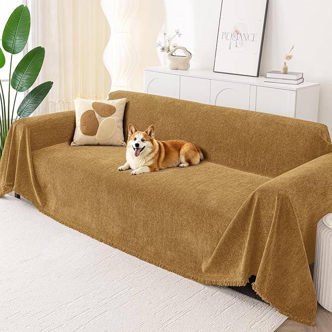 Smiry Couch Cover for Dogs, Washable Chenille Sofa Covers for 3 Cushion Couch, Soft Sofa Slipcover for Pets, Thick Sectional Furniture Protector with Tassels (Yellow, 88.5x118 Inch)