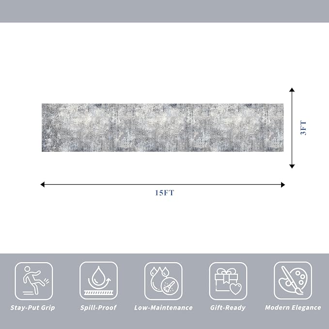 3x15 Ft Long Hallway Runner Rug Non-Slip Washable Wide Kitchen Runner | Modern Abstract Floor Carpet for Indoor Entryway, Bedroom, Living Room (Blue Grey, 3x15)